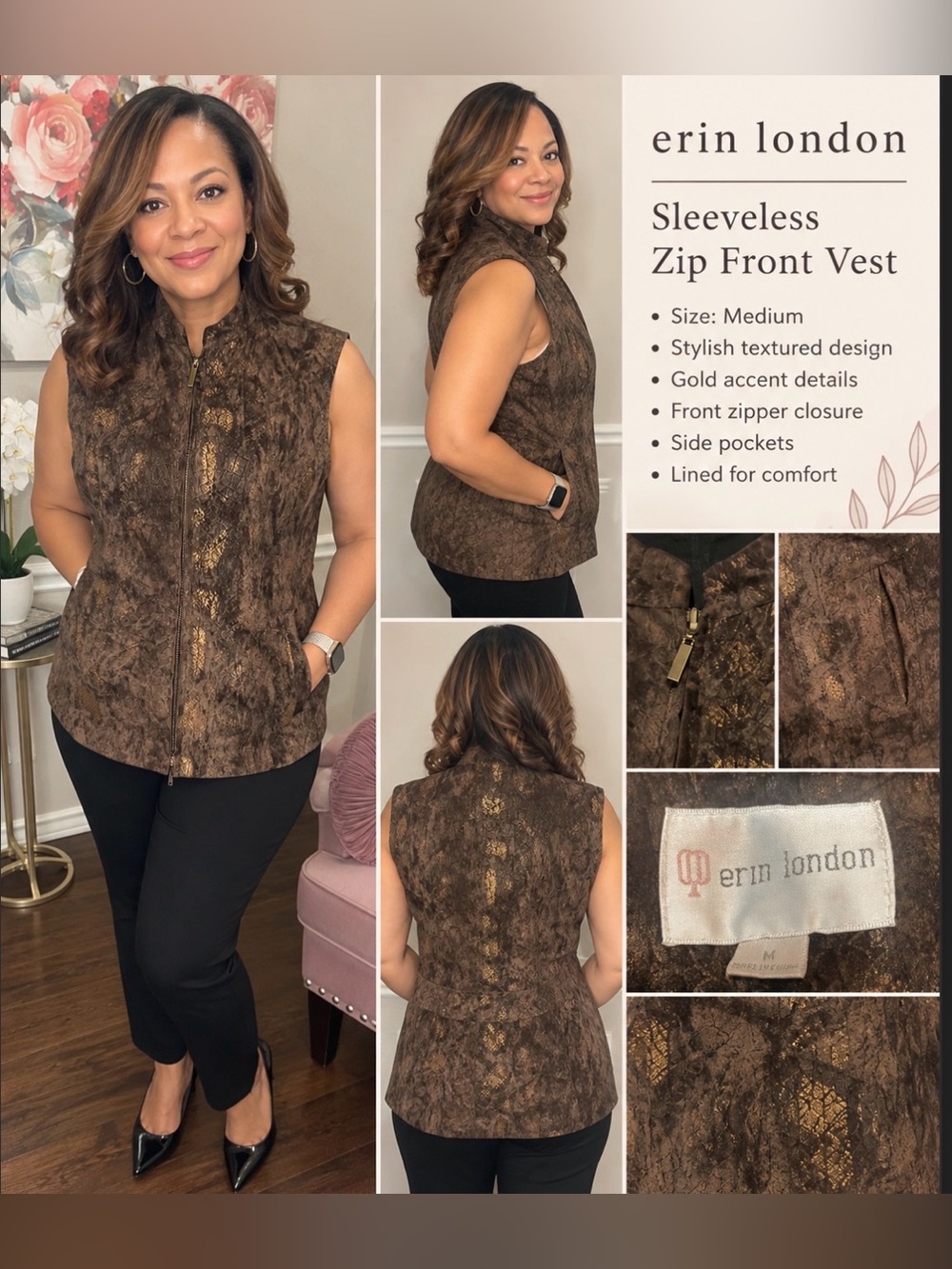 erin london Metallic Brown Sleeveless Zip-Front Tunic